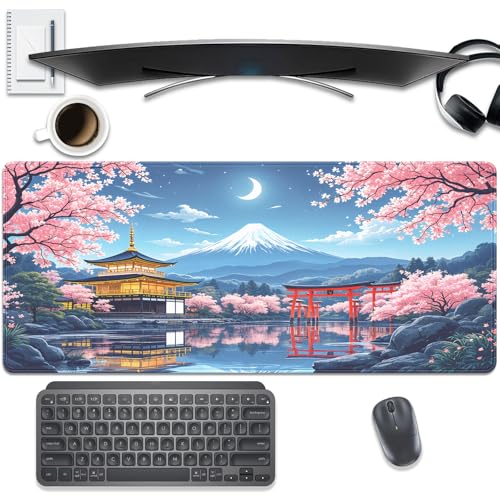Cherry Blossom Large Mouse Pad Desk Pad, 27.5x11.8in Mount Fuji Keyboard Mouse Mat with Stitched Edges, Waterproof Non-Slip Rubber Base for Office Laptop Computer Home - color: Mount Fuji Cherry Blossom Moon