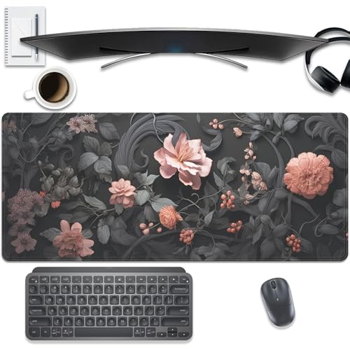 Black Floral Large Mouse Pad Desk Pad,27.5x11.8 in Extended Keyboard Mousepad with Stitched Edges, Waterproof Non-Slip Rubber Base for Office Computer Laptop Home - color: Black Flower