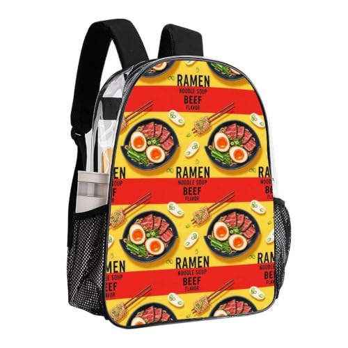 Water Resistant Clear PVC Daypack Beach Sports Work College | Heavy Duty, Funny Food Japanese Ramen Noodle Soup Beef Flavor, See Through Daypack - color: Pattern (321)