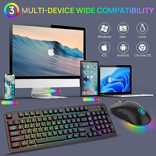 KOLMAX BT98 Wireless Keyboard and Mouse Combo,Triple Mode 2.4G/Wired/Bluetooth Gaming Keyboard and Mouse,Rechargeable Ergonomic RGB Backlit Light Up Keyboard Mouse with Knob for PC/Mac/Tablet - color: BT98 Black