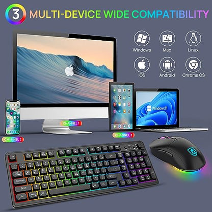 KOLMAX BT98 Wireless Keyboard and Mouse Combo,Triple Mode 2.4G/Wired/Bluetooth Gaming Keyboard and Mouse,Rechargeable Ergonomic RGB Backlit Light Up Keyboard Mouse with Knob for PC/Mac/Tablet - color: BT98 Black