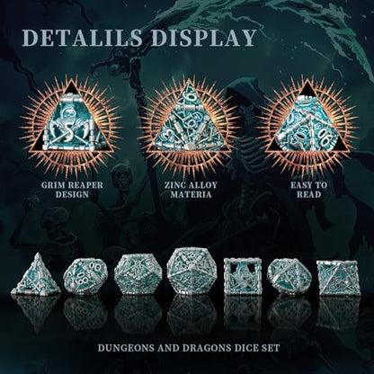 D&D Dice Set, Hollow Blue White Metal Grim Reaper Dice of 7 Piece,Polyhedral DND Dice Role PlayGaming for Dungeons and Dragons Table Game MTG or RPG (Blue and White) - color: Blue White Ss