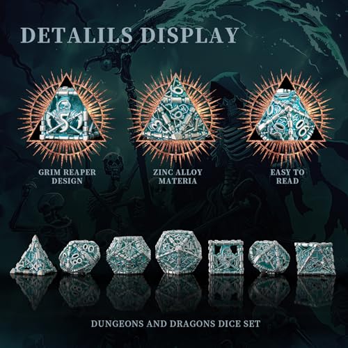 D&D Dice Set, Hollow Blue White Metal Grim Reaper Dice of 7 Piece,Polyhedral DND Dice Role PlayGaming for Dungeons and Dragons Table Game MTG or RPG (Blue and White) - color: Blue White Ss
