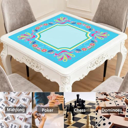 Mahjong Mat for Table with Carrying Bag & 3 Dice, Turquoise Peacock 31.5"x31.5" Square Rubber Mahjong Table Cover, Non-Slip & Noise Reduction Gaming Mat for Mah Jongg, Poker, Dominoes & Tile Games - color: Turquoise