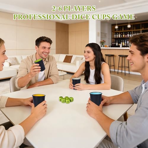 Offelec 6 Pack PU Leather Dice Cups Set with 30 Color Matched Dice, Felt Lined Quiet Shakers for Dice Games Like Bluffing Games, Perfect for Poker Nights & Bar Party Game