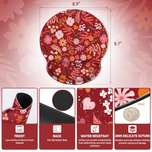 KONVINIT Ergonomic Mouse Pad with Wrist Rest, Small Mousepad with Non-Slip Rubber Base and Smooth Surface, Red Mouse Pads for Desk, Office Desk Accessories - color: Red Flowers