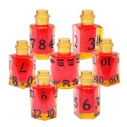 XENOLUX Potion Bottle DND Dice Set - Liquid Core Polyhedral Resin Dice with High Contrast Black Numbers - Amber Shell and Ruby Red Center Healing Elixir Design for Tabletop RPG Games - BOT6 - color: Bot6
