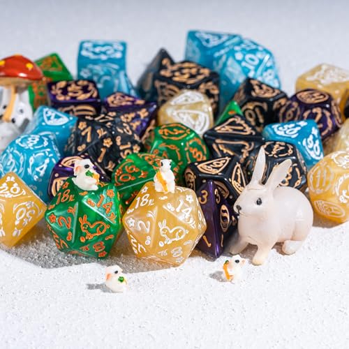5 Sets Dice DND, Polyhedral Dice Set (35pcs) with Leather Dice Bag, D&D Dice Set for RPG Table Games (Rabbit Pattern 5 Sets Dice) - color: 5 Sets Rabbit Pattern
