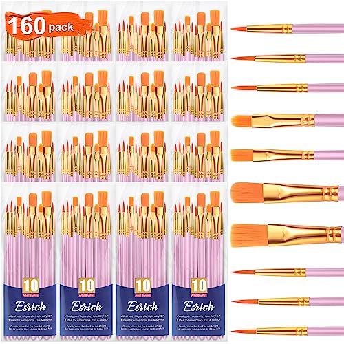 ESRICH Acrylic Paint Brushes Set, 16Packs 160Pcs, Nylon Brush Head | Acrylic, Oil, Watercolor, Rock Body Face Nail Art, Gift for Kids Adult Drawing, Pink - color: Pink, size: 160