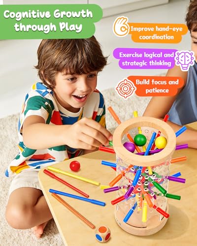 Montessori Wooden Board Games for Kids Ages 4-8, 42 Wooden Sticks Game Quick Setup, Board Games for Kids 4-6, Fine Motor Skills Toy Montessori Toys for 3 4 5 6 Year Olds, Family Games Gift Boys Girls