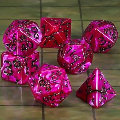 CiaraQ 7pcs Polyhedral Dice Set for Dungeon and Dragons MTG Table Games | Acrylic Role Playing Dice for D&D with Black Velvet Bag – Rose Red Pearl with Black Numbers & Plum Blossom Patterns - color: Rose Red and Black Floral Dice
