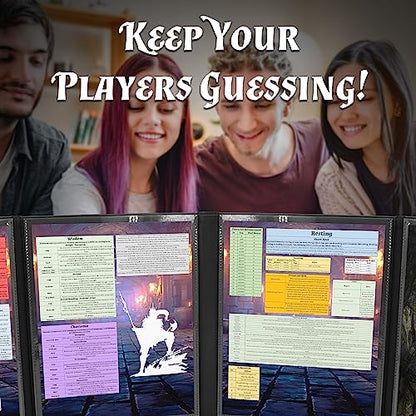 CASEMATIX DM Screen Faux Leather Embossed GM Screen - Four Panel Folding Game Master Screen with Wet Erase Pockets and Compatible with Tabletop Roleplaying Games, Inserts Not Included, Black - color: Black