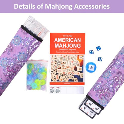 American Mahjong Tile Set, 166 White Tiles Mahjong Set, 4 Transparent All-in-One Racks/Pushers, Complete Game Set with Purple Printed Carrying Bag - color: Purple