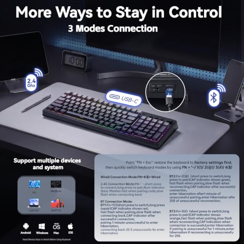 AULA Keyboard Gaming Wireless Creamy Computer Keyboards with Number Pad | Side-printed Light Transmission Letters Keyboard,99 Keys,RGB Backlit,Tri-Mode BT/2.4GHz/USB-C Connection,Gradient Grey - color: Gradient Grey