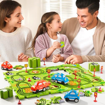 Beby Buty 48PCS Puzzle Race Track Car Set Toys for Kids Boys, Floor Puzzle Car Tracks for Boys Ages 3-5 4-6, Toddler Toys Gifts for 3 4 5 Year Old Kids, Ideal 3 4 5 6 Year Old Birthday Gifts - style: 48 PCS Animal Theme