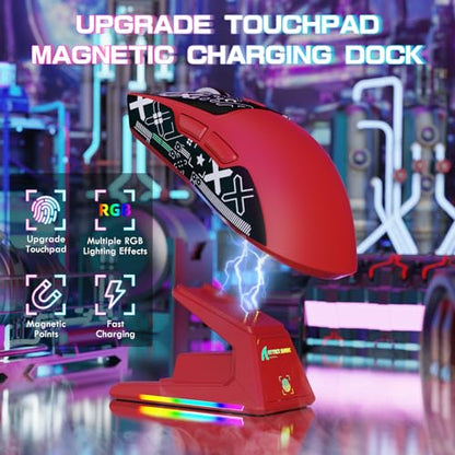 ATTACK SHARK X1 Ultralight Tri Mode Wireless 40000 DPI Gaming Mouse-Red | Magnetic RGB Charging Dock,Anti Slip Grip Tape,PixArt PAW3395 Pro Optical Sensor,BT/2.4Ghz/Wired,Driver for PC Win Mac Gamer - color: Red+Grip Tape