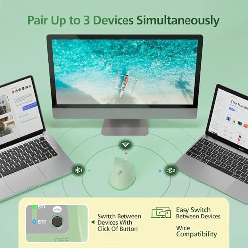 Micropack Ergonomic Vertical Wireless Bluetooth Mouse for Laptop MacBook PC Rechargeable Silent Click 3-Mode Multi-Device 2.4G Adjustable DPI Compatible with Windows Android iOS MacOS Green - color: Green, size: Rechargeable 3-Mode