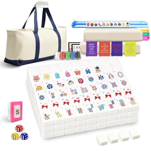 Deluxe American Mahjong Tile Set, 166 Unique Designer Tiles, White | Complete game kit with 4 pcs shuffler cards, 4 all-in-one racks/pushers and custom premium travel bag for family game night. - color: White
