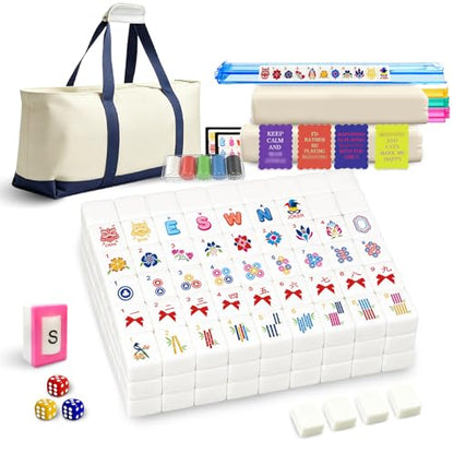 Deluxe American Mahjong Tile Set, 166 Unique Designer Tiles, White | Complete game kit with 4 pcs shuffler cards, 4 all-in-one racks/pushers and custom premium travel bag for family game night. - color: White