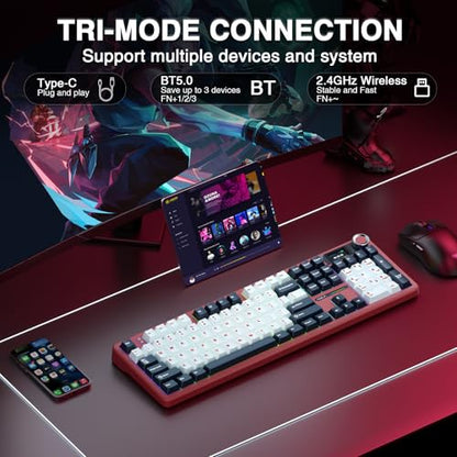 AULA F108 PRO - Wireless Mechanical Keyboard with Screen&Knob,Hot Swappable Gaming Keyboard with 8000mAh Battery,Pre-lubed Switches,RGB Backlit,PBT Keycaps Creamy Sounding Computer Keyboards,104 Keys - color: White&Red