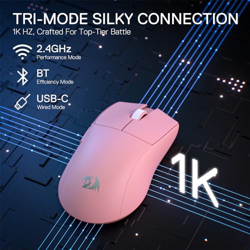 Redragon M916 PRO 3-Mode Wireless Gaming Mouse, 55G Ultra-Light 26K DPI Mouse w/Ergonomic Natural Grip Build, Full Programmable Buttons, Software Supports DIY Keybinds & DPI (1K Hz, Pink) - color: Pink, style: 1K Hz