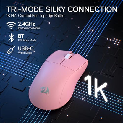 Redragon M916 PRO 3-Mode Wireless Gaming Mouse, 55G Ultra-Light 26K DPI Mouse w/Ergonomic Natural Grip Build, Full Programmable Buttons, Software Supports DIY Keybinds & DPI (1K Hz, Pink) - color: Pink, style: 1K Hz