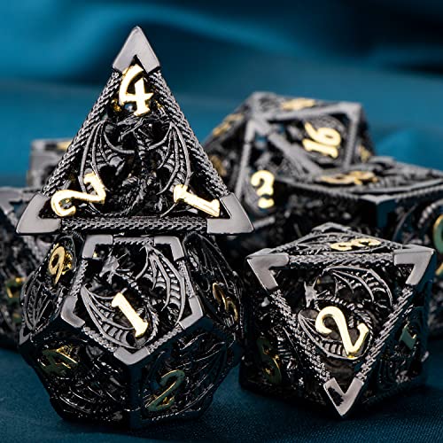 ARUOHHA Hollow DND Metal Dice Set Black Gold Dragons D and D Dice, RPG Role Playing Games Dungeons Polyhedral Dice with Gift Box D20 D12 D10 D8 D6 D4 - color: Black Gold