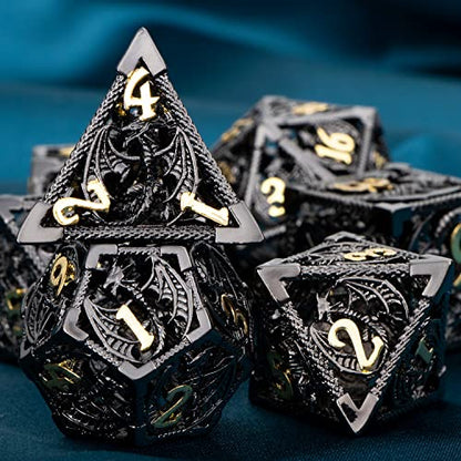 ARUOHHA Hollow DND Metal Dice Set Black Gold Dragons D and D Dice, RPG Role Playing Games Dungeons Polyhedral Dice with Gift Box D20 D12 D10 D8 D6 D4 - color: Black Gold