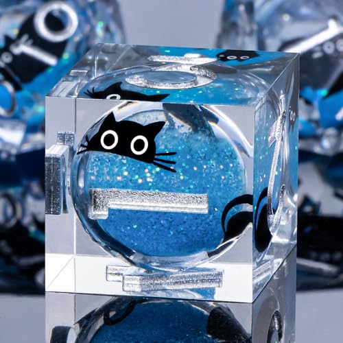 Roycevon Resin DND Dice Set with Gift Box, 7Pcs Liquid Core Cat D&D Dice, Cute Dungeons Dragons D and D Dice, Sharp Edge Role Playing Game Dice D20 D12 D10 D8 D6 D4, Blue - color: Blue