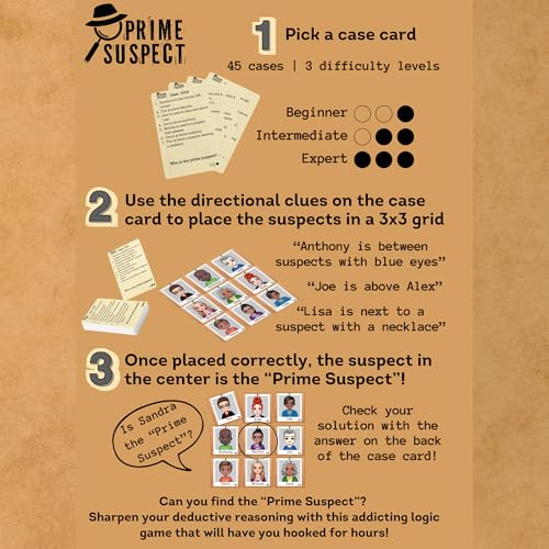 Prime Suspect Logic Game with 45 Case Cards | Single Player or Group Play | Ages 8+ | Compact Brain Teaser Game | Detective Game (Prime Suspect: Original)