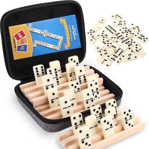 Doreimi Double 6 Dominos Set for Adults with 4 Wooden Racks & 28 Tiles Travel Dominoes Set Classic Board Game for Family Game Night - style: Double 6 Dot