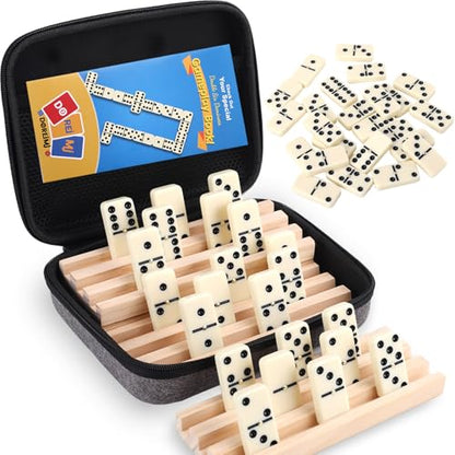 Doreimi Double 6 Dominos Set for Adults with 4 Wooden Racks & 28 Tiles Travel Dominoes Set Classic Board Game for Family Game Night - style: Double 6 Dot