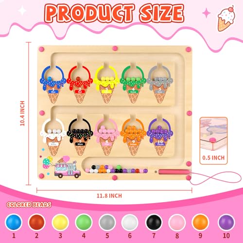 wakeInsa Magnetic Color and Number Maze,Montessori Toy for 2-5 Years Old Girls,Wooden Magnet Balls Puzzles,Toddler Busy Board Game,Preschool Learning Activities,Christmas & Birthday Gift for Kids - style: Magnet Toys - Ice Cream