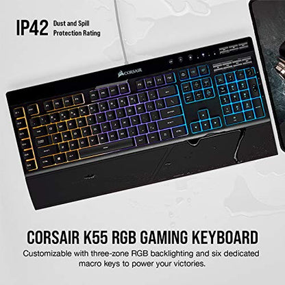 Corsair K55 RGB Gaming Keyboard – IP42 Dust and Water Resistance – 6 Programmable Macro Keys – Dedicated Media Keys - Detachable Palm Rest Included (CH-9206015-NA) , Black - color: Black, style: K55