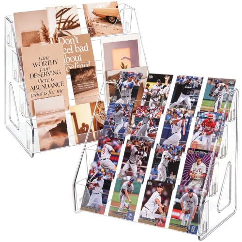 CELSOL 2 Pack Upgraded 4 Tier Acrylic Card Display Stand, Clear Display for Greeting Cards, Sports Cards, Postcards, Stickers & Brochures, Easy Snap-On, Increased Height & Thickness for Better Presentation (4 Tier 2 Pack) - size: 4 Tier 2 Pack