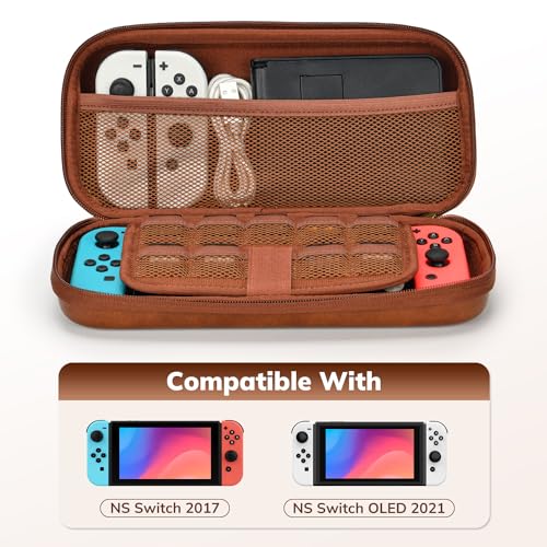 Younik Switch Case for NS Switch and Switch OLED, PU Leather, Brown | Hard EVA Shell, Portable Travel Case with 9 Games Slots - color: Brown-for Switch 2017/Switch OLED