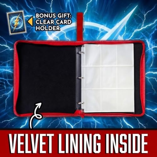 Trading Card Binder 9 Pocket – 900 Card Capacity, Zipper & Handle, PU Leather Album, 3-Ring Binder with 50 Sleeves for TCG Cards, Fits Stanrd Card size Custom Thunderbolth Design. - color: Black and Red, size: Large