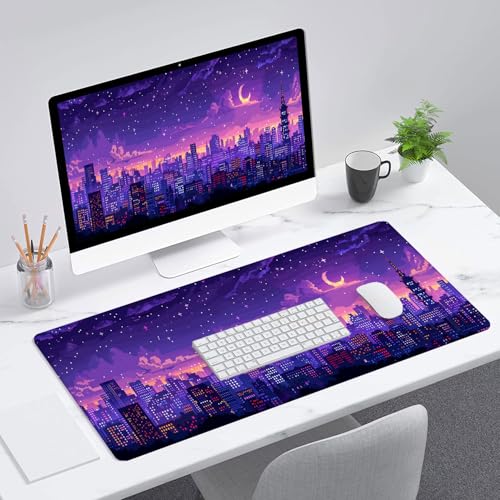 Japanese Anime Gaming Mouse Pad Pixel City Skyline Neon Large Gaming Mouse Mat with Stitched Edges,Non-Slip Waterproof Rubber Base Mous Mat 31.5"x11.8" Office Computer Keyboard Laptop Home - color: Japanese Anime_011, size: 11.8" x 31.5"