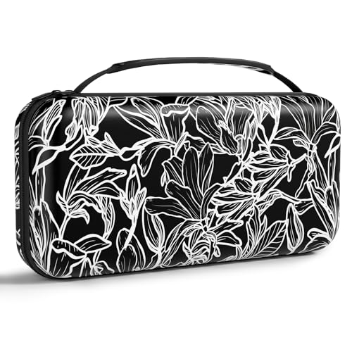 NPOOYI Carrying Case for Nintendo Switch OLED 2021/2017, Hard Shell Cover | Hard Shell Protective Switch Case, Portable Travel Storage Bag with Pockets and Game Holder for Console Joy-Con & Accessories - color: Black White Leaves