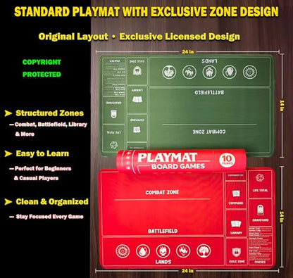 Card Game Playmat for MTG, TCG with Storage Tube Case – 2 Pack Trading Card Games Playmat with Zones & Phase Guide for Beginner Causal Player, Compatible with MTG Commander & TCG Play - Red/Green - color: Red+green