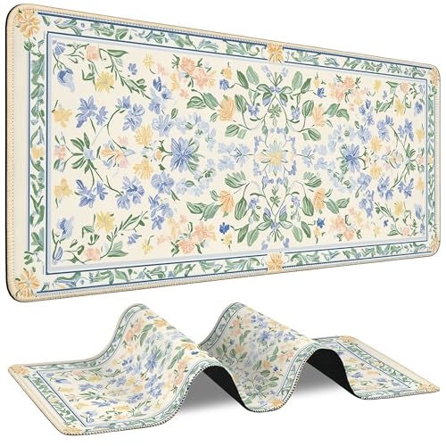 Mouse Pad for Gaming Vintage Floral Botanical Big Gaming Mousepad Large Extended Mouse Mat Non-Slip Rubber Base Desk Pad with Stitched Edges for Office Gamer Home 35.4"X 15.7" - color: Vintage Daisy Floral