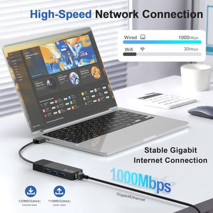 ALL-LUCKY USB Hub with Ethernet Adapter, 4-in-1 USB 3.0 Gigabit Network Hub (1000Mbps, 3×USB 3.0 + RJ45), Plug and Play for Laptop/PC/MacBook/Surface Pro/Dell XPS/HP, Windows/Mac OS/Chrome OS - size: 0.95FT -4 in 1 USB A to Ethernet Adapte