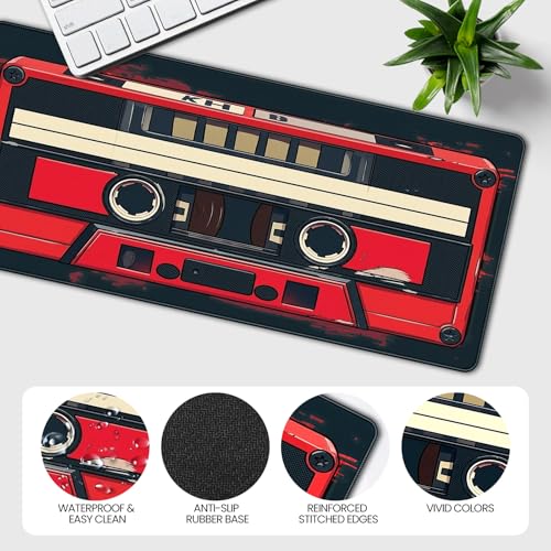 Retro Cassette Tape Design Mouse Pad, 35.4 x 15.7 Inches Gaming Desk Mat with Non-Slip Base for Home Office School Business - color: Retro Cassette Tape