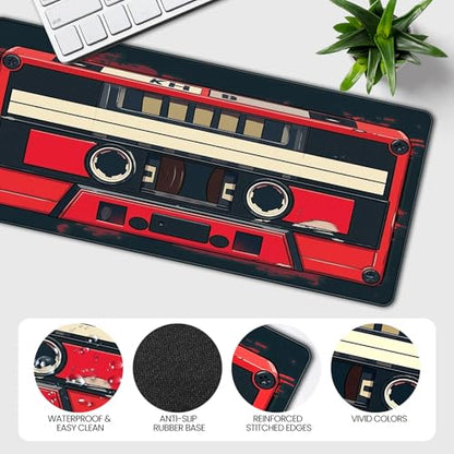 Retro Cassette Tape Design Mouse Pad, 35.4 x 15.7 Inches Gaming Desk Mat with Non-Slip Base for Home Office School Business - color: Retro Cassette Tape