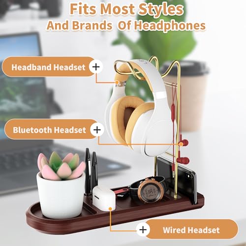 Wooden Headphone Stand for Desk, Gold Headset Holder with Tray | Unique Head Phone Holder, Controller And Headset Stand for Airpod Max And More, Desktop Headphone Hanger for Gaming, Office