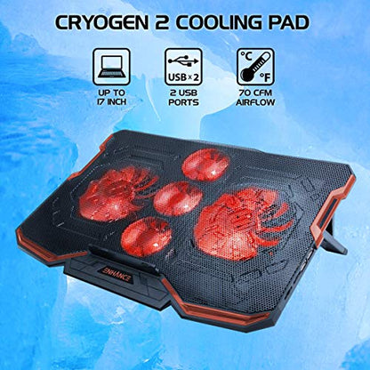 Enhance Cryogen Gaming Laptop Cooling Pad - Fits 17 in. Computer, PS4 - Adjustable Laptop Cooling Stand with 5 Quiet Cooler Fans, 2 USB Ports and LED Lighting - Slim Portable Design 2500 RPM (Red) - color: Red