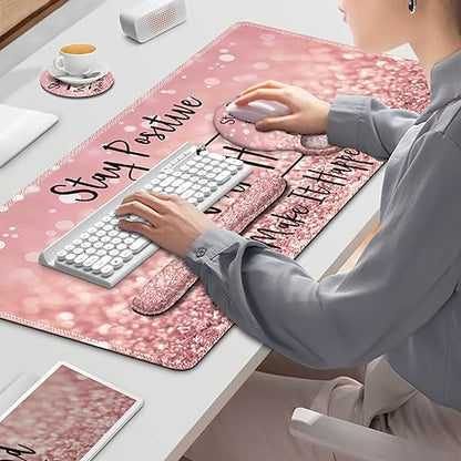 ToLuLu Desk Mat, XXL Large Mouse Pad Wrist Support Set，4 in1 Gaming Mousepad Desk Pad+ Ergonomic Mouse Pad with Wrist Rest + Keyboard Wrist Rest+Coaster for Women Home Office Table, Pink Stay Positive - color: Pink Stay Positive