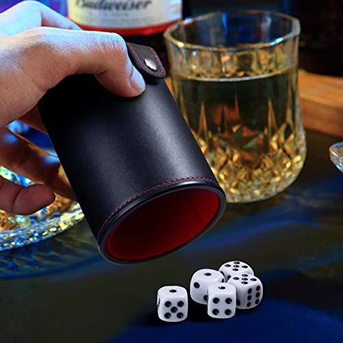 GWHOLE Leather Dice Cup with Lid & Storage Compartment, Includes 5 Dice | Quiet Felt Lined Interior, Secure Snap Lid, For Yahtzee, Farkle, Backgammon, Bar Birthday Party Craps Games - color: Red