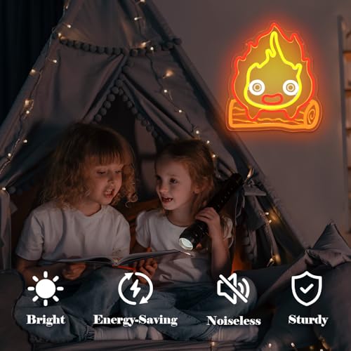 Calcifer Neon Signs Anime Led Sign Flame Night Light Neon Lights for Bedroom Magic Fire Light Up Sign Gifts for Cartoon Castle Lovers Fans Teen Kids - color: Red+Yellow+Orange