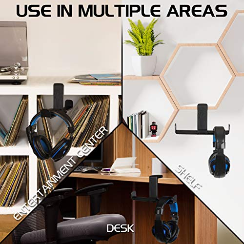 ENHANCE PC Gaming Dual Headphone Stand - Clip-On Desk Headphone Holder with Adjustable 360 Rotation, Under Desk Headset Holder, Universal Fit, & Double Cable Loops Organizer with Silicone Pads